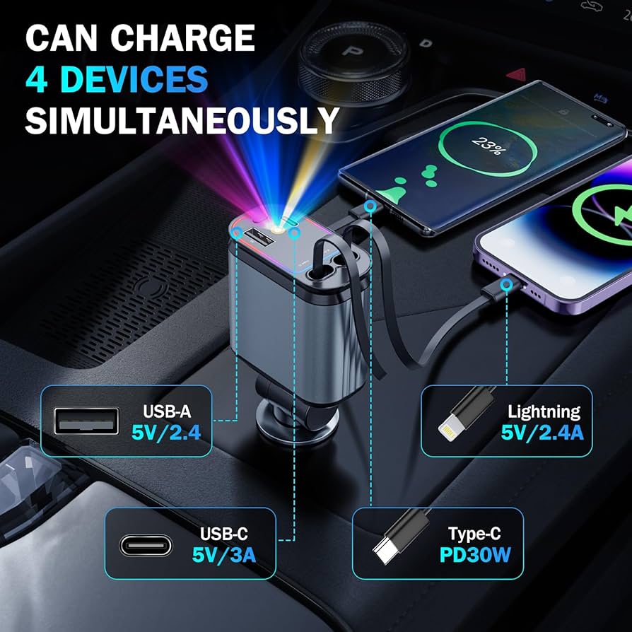 CHARGEUR VOITURE 180W AVEC Éclairage LED Étoiles & Câbles Rétractables